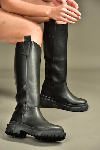 Fox Shoes V973555509 Siyah Cilt Düz Tabanlı Kadın Binici Çizmesi Siyah Mat