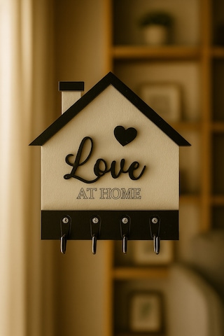 Love Yazılı Ev Şekilli Anahtarlık Askılığı, Anahtar Askılığı Siyah - Beyaz
