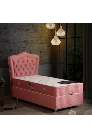 Setaymobilya Baza, Camelli Pembe Tek Kişilik Baza + Başlık + Ortopedik Yatak