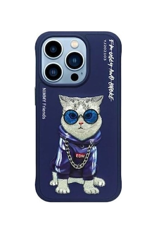 Nımmy İphone 15 Pro Max Uyumlu 3d Gözlük Zincir Handsome Kedi Nakış İşlemeli Kabartmalı Cool Glasses Kılıf