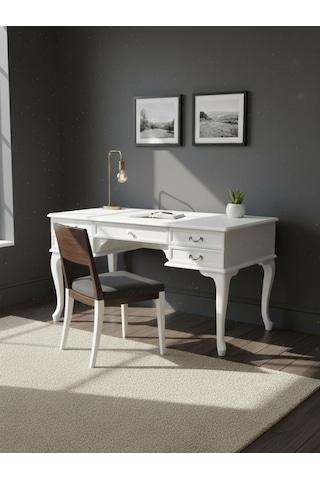 Throne Fransız Still Çekmeceli Ahşap Çalışma Masası 75x160 Beyaz