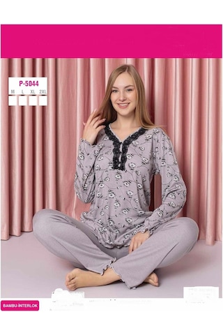 Sude Kadın Bambu İnterlok Uzun Kol Yakası Nakışlı V Yaka Pijama Takımı P5044 - 1 Adet 001