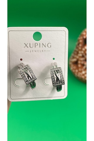 Xuping Gümüş Renk Zirkon Taşlı Kare Şekilli Kadın Çelik Küpe Gümüş