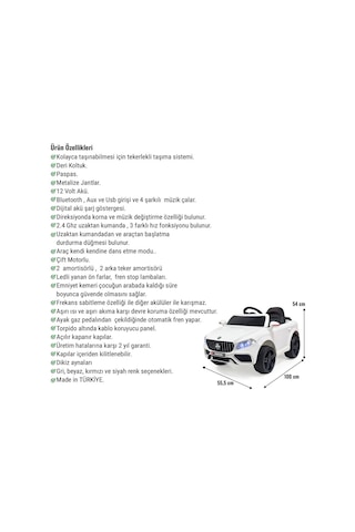 Maestro Gt 4x2 12v Akülü Uzaktan Kumandalı Emniyet Kemerli 2x Arka Süspansiyonlu Çocuk Akülü Araba Beyaz