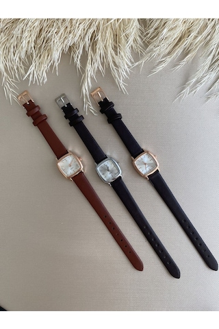Retro Minimal Vintage Kahverengi Renk Kordon Kadın Kol Saati Bb0034 Gri