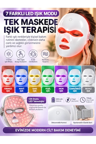 7 Renk Led Işıklı Yüz Bakım Maskesi Şarjlı Dokunmatik Kontrollü Ayarlanabilir Bantlı Cilt Bakım Cihazı