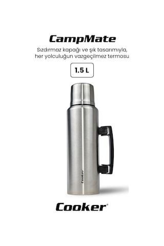 Cooker Ckr2084 Campmate 1.5 L Paslanmaz Çelik Termos Çift Kat Vakumlu, Sızdırmaz Kapaklı, 24 Saat Sıcak 48 Saat Soğuk Kamp, Outdoor, Piknik, Ofis, Otel, Kafe, Okul, Seyahat Gümüş Gümüş