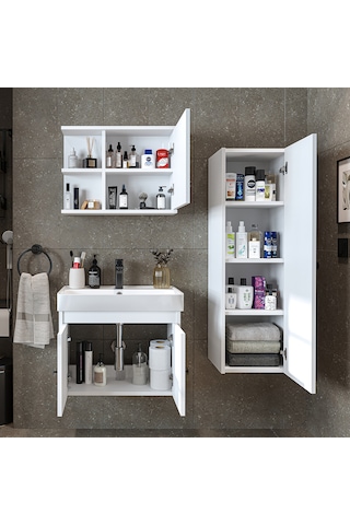 Ada Lavabolu Banyo Alt Dolabı + Banyo Üst Dolabı + Boy Dolap Byz Mat Beyaz