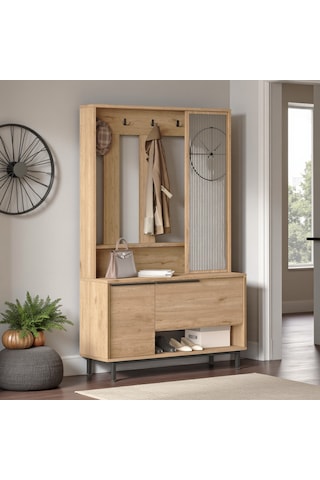 Robin Home Portmanto Vestiyer Ayakkabılık Aynalı Metal Ayaklı Sepet Kahverengi