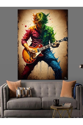 Ahşap Tablo Gitar Çalan Renkli Modern Sanatçı