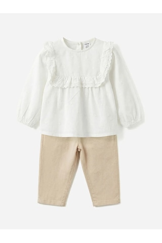 Lc Waikiki Ekru Fırfırlı Kız Bebek Gabardin Bluz Ve Pantolon