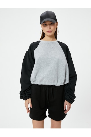 Koton Crop Sweatshirt Renk Bloklu Beli Ayarlanabilir Lastikli Bisiklet Yaka Gri Melanj 4sal10670ık Gri Melanj