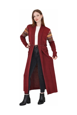 Onno Style Woman Standart Beden Kilim Desenli Uzun Triko Ceket Bordo