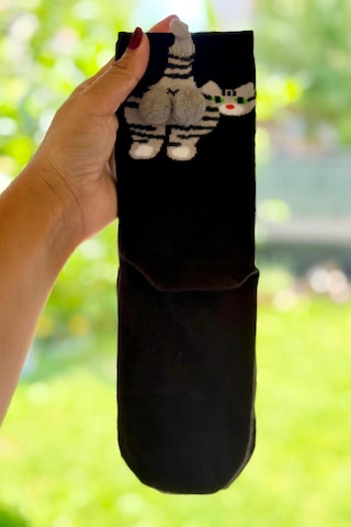Lousocks Unisex Siyah Yeşil Gözlü Tekir Kedi Desenli Ponpon Soket Çorap