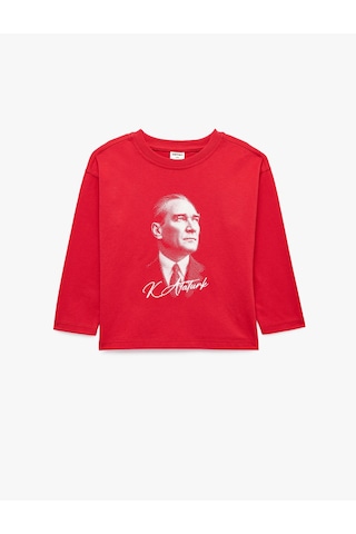 Koton Atatürk Baskılı Pamuklu Bisiklet Yaka Uzun Kollu Tişört Kırmızı 7wmb10177tk
