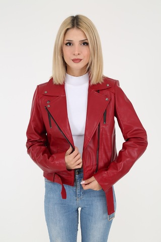 DERİNSS DKA99020 Hakiki Deri Kadın Kırmızı Mont