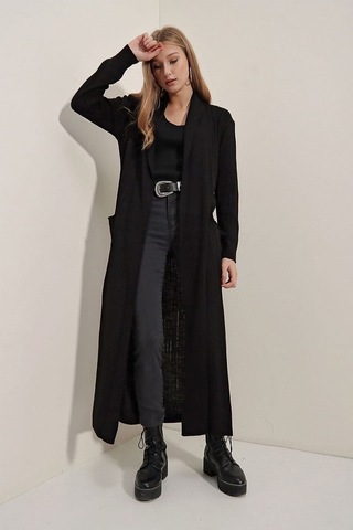 Onno Style Women Selanik Örgü Kapşonlu Uzun Ceket Siyah