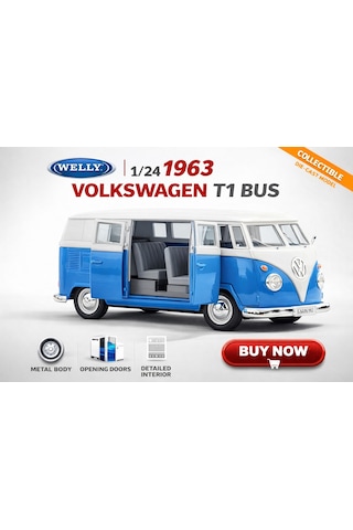 1:24 1963 Volkswagen T1 Bus Mavi-beyaz Die-cast Koleksiyon Modeli