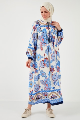 Lela Modest Desenli Regular Fit Bağlamalı V Yaka Maxi Bayan Elbise 611El510 Lacivert