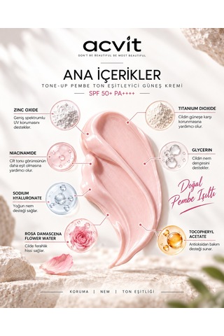 Acvit Tone Up Yeni Nesil Pembe Ton Eşitleyici Güneş Kremi SPF50+ Pa++++ 100 ML