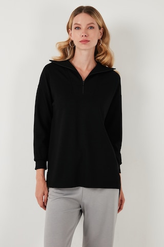 Lela Regular Fit Fermuarlı Yaka Önü Kısa Arkası Uzun Bayan Sweat 5865876 Siyah