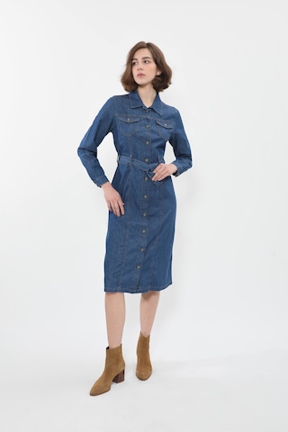 Banny Jeans Kadın Önden Düğmeli Kemerli Jean Elbise Koyu Mavi