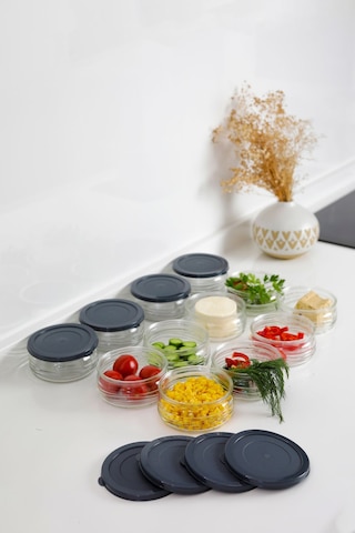 12'li Premium Kahvaltılık Seti 410 Cc Gri Plastik Kapaklı Cam Saklama Kabı, Hava Geçirmez Gri