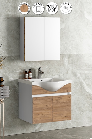 Yıldız 55 Cm Beyaz-atlantik Mdf Lavabolu Asma Banyo Dolabı Takımı Beyaz - Atlantik Çam