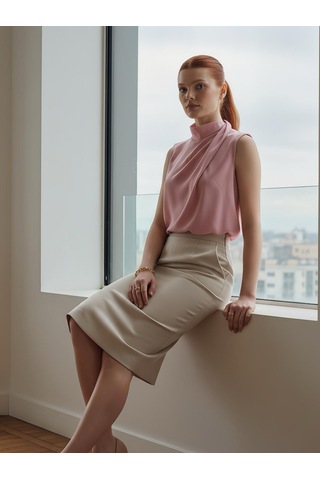 Pera Moda Boğazlı İç Göstermeyen Sıfır Kol Kadın Gömleği Pembe