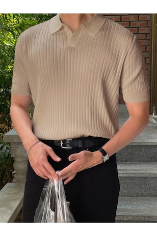 Erkek Fitilli Polo Yaka Triko T-shirt Gri
