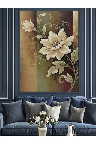 Ahşap Tablo Tek Beyaz Çiçek Art Deco Fon