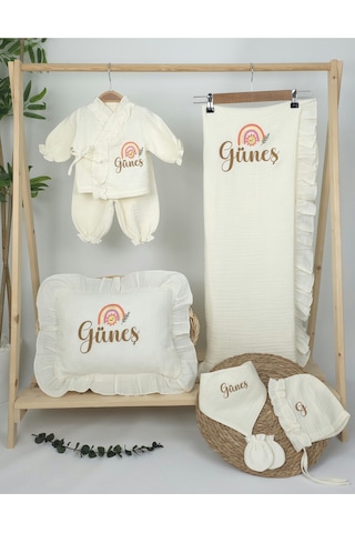 Gros Shop Müslin Yeni Doğan 4katlı Organik %100pamuk Kişiye Özgü Nakışlı Hastane Çıkış Seti Gökkuşağı Model-3 Ekru