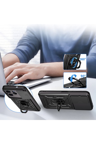 Tecno Spark 40 Kılıf Tam Korumalı Magnetik Standlı Kamera Korumalı Sürgülü Vega Kapak Siyah