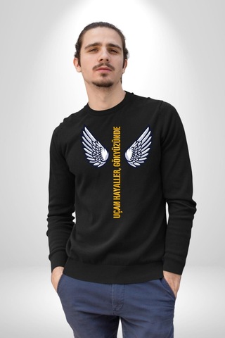 Uçan Hayaller Gökyüzünde Melek Kanatları Unisex Siyah Sweatshirt Siyah