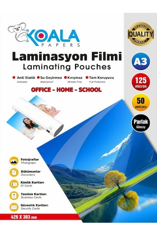 A3 Laminasyon Filmi 125 Micron 50 Adet Parlak Kaplama Malzemesi Tam Koruyucu