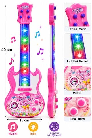 Işıklı Müzikli Oyuncak Gitar 40 Cm Pembe Mor Çocuk Gitarı