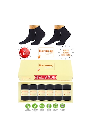 Harmony Collectıon Bambu Erkek Siyah Kısa Konç Çorap 6 Çift Özel Kutulu, Burun Dikişsiz, Premıum Socks Çok Renkli