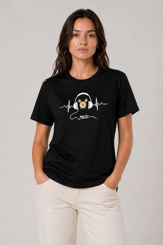 Tarzyeri Kadın Müzik Temalı Baskılı Tişört Bisiklet Yaka Kısa Kol T-shirt - Siyah