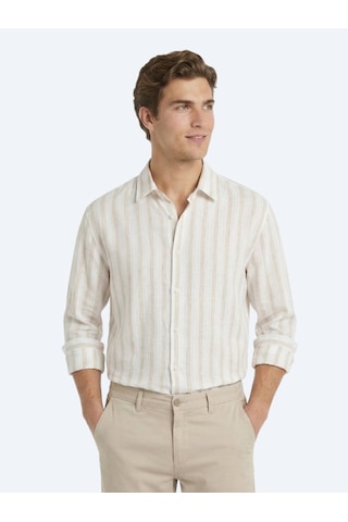 Kip Açık Bej Çizgili Oversize Fit Uzun Dokuma Casual Keten Karışımlı Gömlek