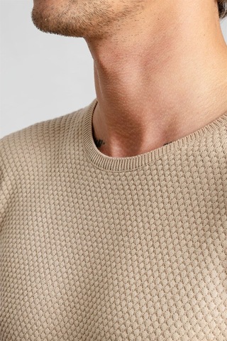 Tudors Slim Fit Dar Kesim Bisiklet Yaka Petek Desenli Erkek Kazak-22065 Krem