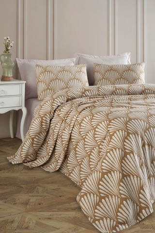 Baskılı Pike Takımı Çift Kişilik Yelpaze Kahve Kahve Kahverengi