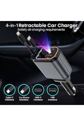 Honeybeeshop Gri 4ü 1 Arada Geri Çekilebilir Araba Telefon Şarjı 66w Hızlı Şarj Led Projektör