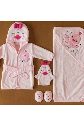 Chicken Figürlü Bornoz Seti %100 Pamuktan. 4 Parça 0-3 Yaş Pembe