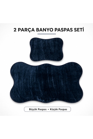 2 Li Banyo Paspası Halısı Seti Kaymaz Tabanlı Yıkanabilir Klozet Takımı Lacivert