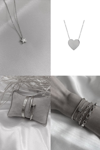 X-Lady Accessories Gümüş Kombin Kalp Kolye Yıldız Kolye Çivi Bileklik Gümüş
