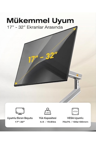 Lexroo North Bayou A5-xs 17''-32'' Tek Kol 2-9 Kg Vesa Uyumlu Monitör Standı Gri