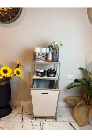 2 Raflı Çamaşır Sepeti Dolabı Metal Gövdeli Banyo Organizeri & Kirli Çamaşır Sepeti Bej