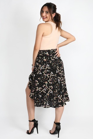 Kadın Çiçekli Viskon Etek Çiçekli Siyah