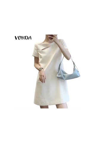 Siyah Vonda Bayan Yaz Yuvarlak Yaka Kısa Kollu Yırtmaçlı İnci Düğme Düz Tek Renk Kısa Elbiseler