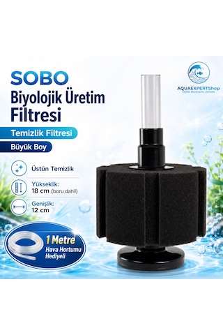 Sobo Biyolojik Üretim Filtresi - Temizlik Filtresi - Büyük Boy Pipo Filtre - Üstün Temizlik - 18x12 Cm - 1 Metre Hava Hortumu Hediyeli - Sb-2330